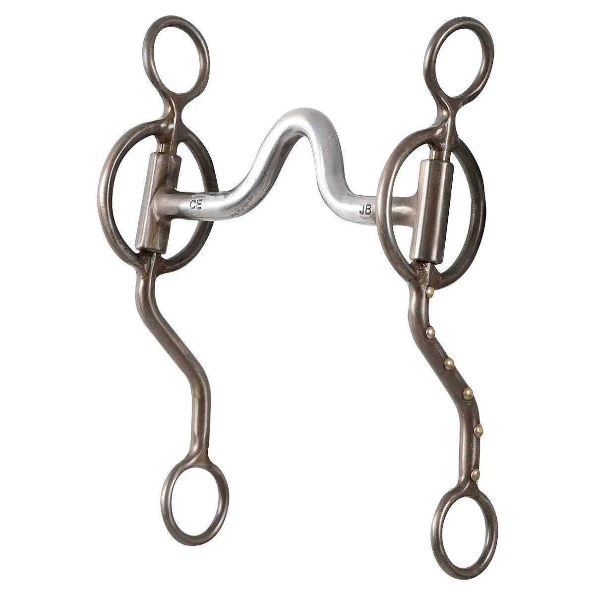 Classic Equine Joe Beaver Bit featuring a silver high port mouthpiece and dark brown steel S-curved shanks with decorative brass dots. This professional-grade western curb bit is designed for horse training and performance, offering enhanced control and responsiveness. Ideal for competitive roping and western riding, the bit combines a classic aesthetic with advanced leverage for precision handling.