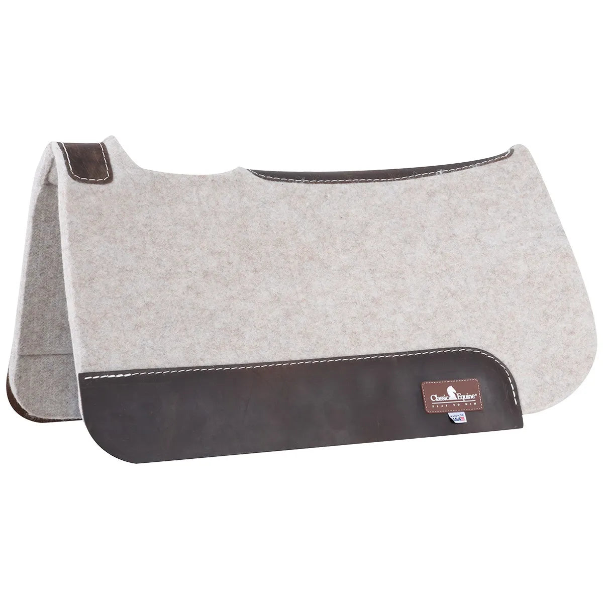 Classic Equine Kid's Felt Saddle Pad featuring natural gray wool felt and dark brown leather wear leathers with white contrast stitching. This high-quality, contoured youth saddle pad provides exceptional comfort and protection for young riders. Includes reinforced wither protection and the Classic Equine logo with a Made in USA tag. Perfect for western riding and everyday equestrian use.