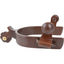 Classic Equine Kid's Spur in a dark brown finish, featuring a gentle blunted rowel and smooth swing buttons for beginner youth riders. This durable Western riding accessory is designed for safety and comfort, making it ideal for young equestrians learning to use cues. The U-shaped heel band and brass pin detail provide a classic look for youth horse riding gear.