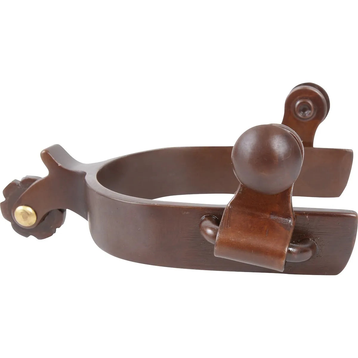 Classic Equine Kid's Spur in a dark brown finish, featuring a gentle blunted rowel and smooth swing buttons for beginner youth riders. This durable Western riding accessory is designed for safety and comfort, making it ideal for young equestrians learning to use cues. The U-shaped heel band and brass pin detail provide a classic look for youth horse riding gear.