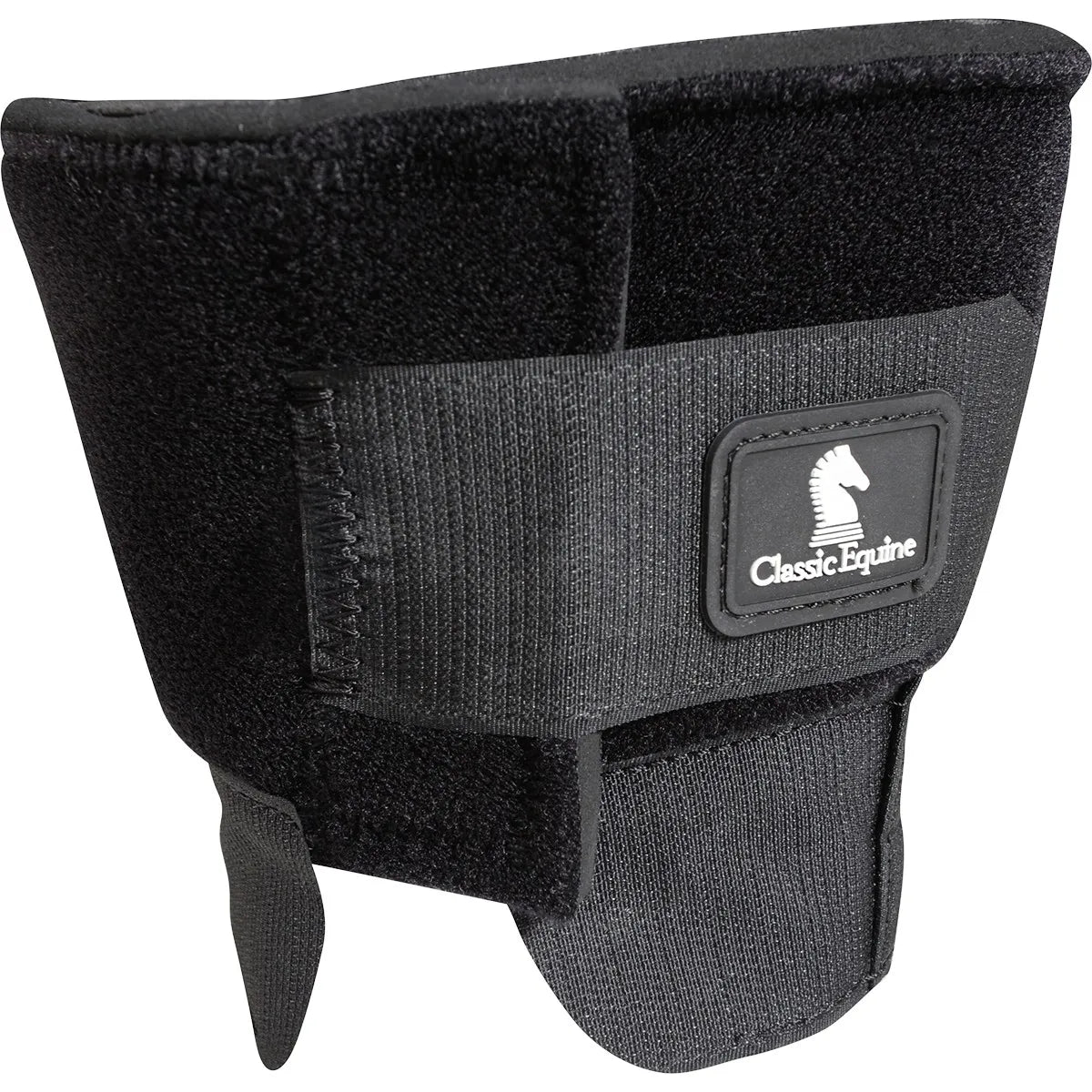 Classic Equine Knee Boot 2 in solid black, offering superior horse knee protection. This durable equine boot features a wide, adjustable hook-and-loop strap for a secure fit and is crafted from soft, impact-absorbing material to prevent injuries during performance. The brand's knight logo is featured on the center strap. High-quality horse leg protection essential for any equestrian’s tack room, designed for maximum comfort and long-lasting durability.