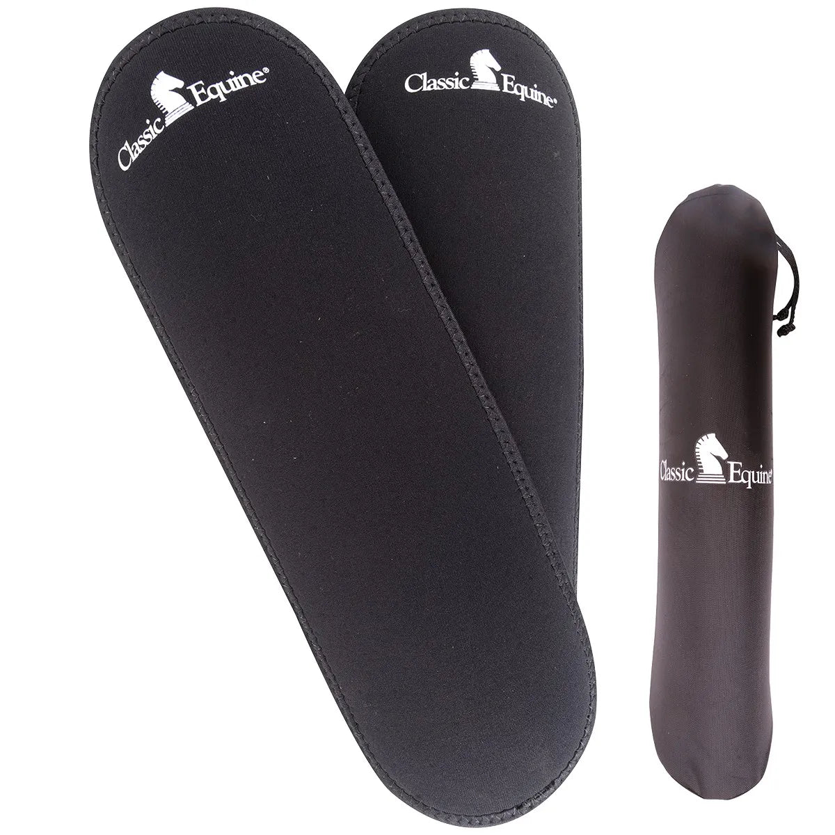 Classic Equine Knee Guards in black neoprene, providing ultimate protection for your horse’s legs. This equestrian gear set includes two durable, contoured knee covers with reinforced stitching and a white brand logo, plus a matching drawstring storage bag. Ideal for preventing injuries and providing support during intense training, performance, or transport. High-quality horse leg protection essential for any tack room.