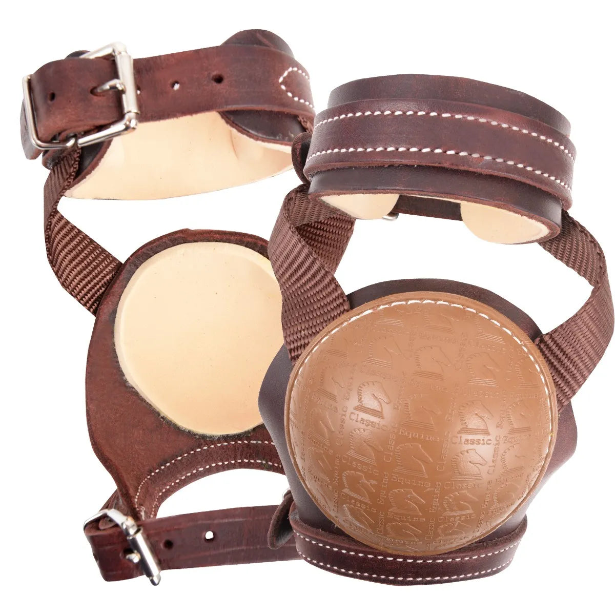 Classic Equine Leather Skid Boots in rich dark brown featuring tan shock-absorbing cups embossed with horse head logos. These professional-grade horse boots include durable leather straps with silver buckles, white contrast stitching, and a contoured fit to provide superior fetlock protection during slides and stops. Ideal for reining, roping, and western performance horses seeking high-quality protective gear.