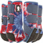 Classic Equine Legacy2 Fireworks Horse Medicine SMB Sport Boots in a vibrant red, white, and blue tie-dye pattern. This 4-pack set for front and hind legs features secure hook-and-loop closures and reinforced cradles for superior impact protection. Ideal for equestrian performance and support, these patriotic sport medicine boots combine style and durability for training, rodeo, or everyday riding.