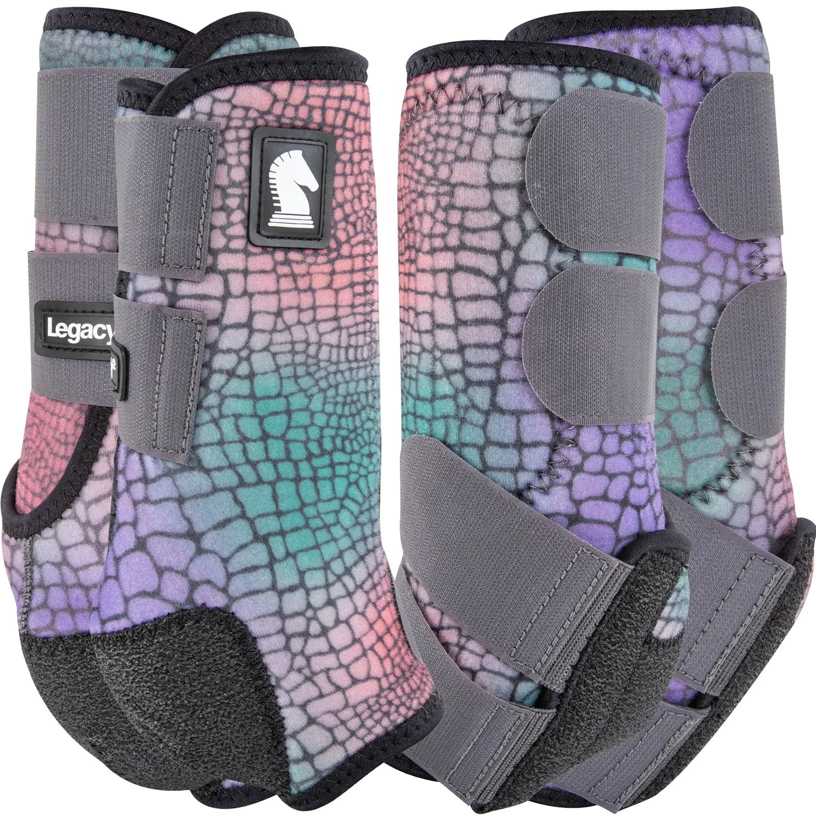 Classic Equine Legacy2 Gator horse medicine SMB sport boots 4-pack set for front and hind legs. These protective horse boots feature a stunning pastel ombre crocodile skin print in iridescent pink, purple, teal, and green. Designed for performance with secure grey velcro straps and reinforced fetlock pads, these stylish boots offer superior shock absorption and support for barrel racing and western riding.