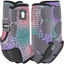 Classic Equine Legacy2 Gator Horse Medicine SMB Sport Boots 4 Pack for front and hind legs. These stylish equestrian boots feature a vibrant iridescent gator skin print in rainbow shades of pink, purple, and teal. Designed with durable Velcro straps and the Classic Equine logo for superior fetlock support and protection. Perfect for performance or trail riding, these protective horse boots combine high-tech support with a trendy, eye-catching ombre aesthetic.