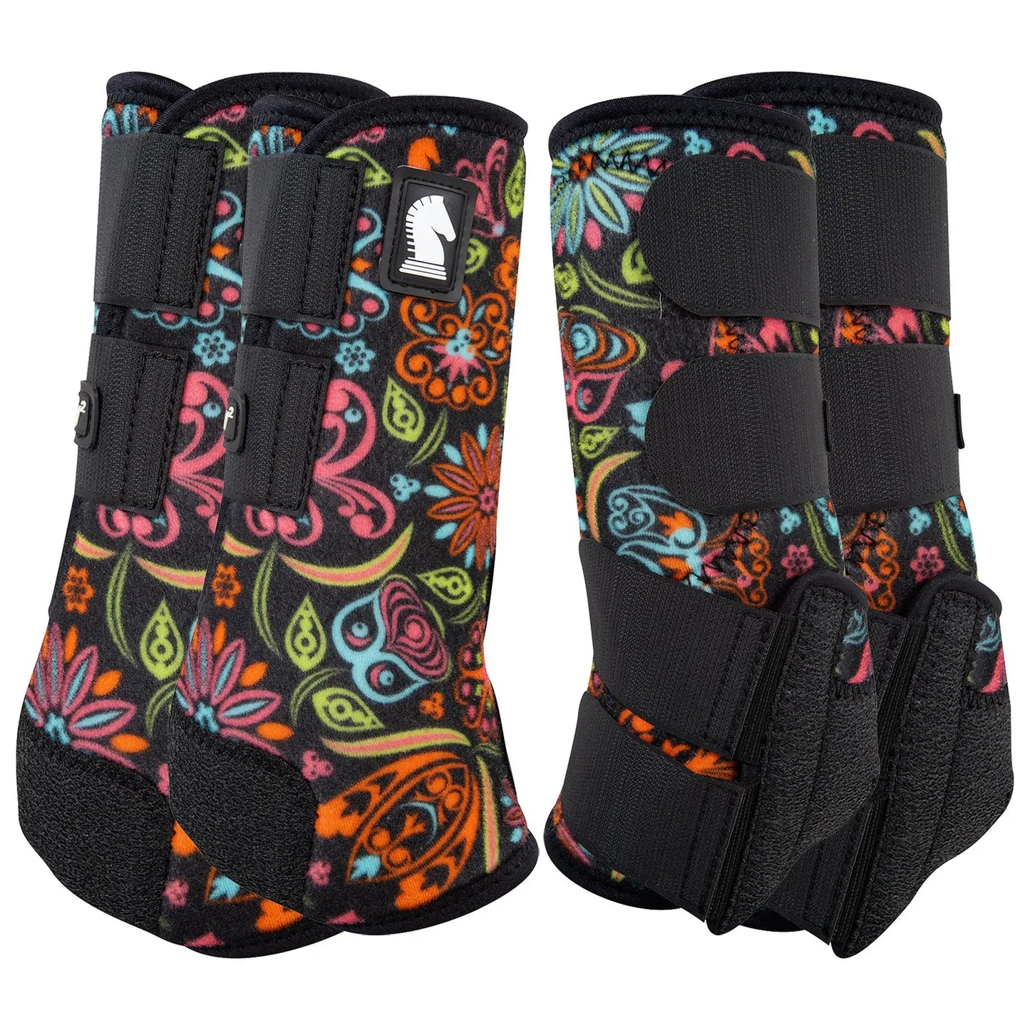Classic Equine Legacy2 Neon Flower Splint Boots featuring a vibrant floral and paisley pattern on black. This set of four protective horse boots includes secure black hook-and-loop straps and a shock-absorbing design for superior leg protection. Perfect for equestrian performance, these stylish boots provide suspensory support and impact resistance with a trendy neon flower print. Durable, high-performance horse gear for western or English riding.