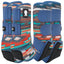 Classic Equine Legacy2 Pueblo Splint Boots in a vibrant southwestern pattern featuring turquoise, orange, and earth tones. This set of four horse protective boots includes secure blue velcro closures, supportive fetlock cradles, and durable black impact patches. High-performance equine leg protection combining western style with advanced shock absorption for athletic horses.