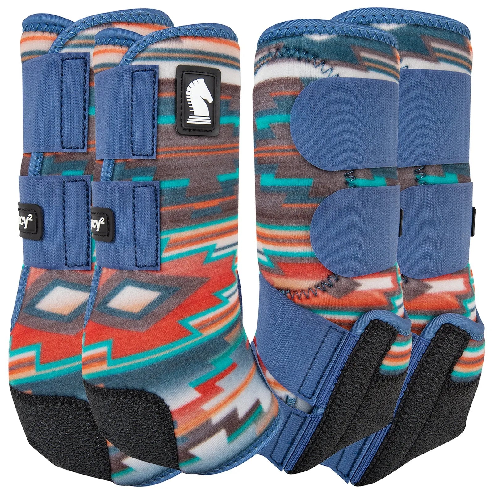 Classic Equine Legacy2 Pueblo Splint Boots featuring a vibrant southwestern pattern of teal, orange, and brown. This set of four horse leg protection boots includes durable blue hook-and-loop straps and reinforced black cradle systems for fetlock support. Ideal for western performance, barrel racing, and impact protection, these stylish athletic boots offer professional-grade support and durability for your horse’s legs during training and competition.