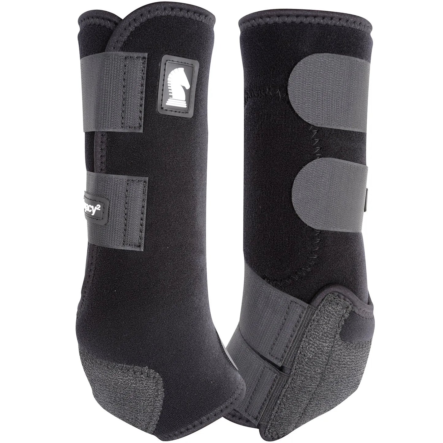 Classic Equine Legacy2 Tall Hind Protective Horse Boots in black neoprene. These high-performance horse boots offer superior fetlock protection and support for equine athletes. Featuring a durable Cradle Fetlock System and secure hook-and-loop closures, the tall design is perfect for hind legs during training, barrel racing, or reining. Essential protective horse gear combining professional durability with a sleek look, featuring the iconic Classic Equine logo.