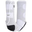 Classic Equine Legacy2 Tall Hind Protective Horse Boots in silver-gray and white. These high-performance equestrian sport boots feature shock-absorbing neoprene construction with a reinforced Cradle Fetlock System for maximum support. The tall design for hind legs includes sturdy white hook-and-loop straps and sleek Legacy² branding. Ideal for protecting your horse during jumping or western performance, offering ultimate tendon and ligament protection in a stylish look.