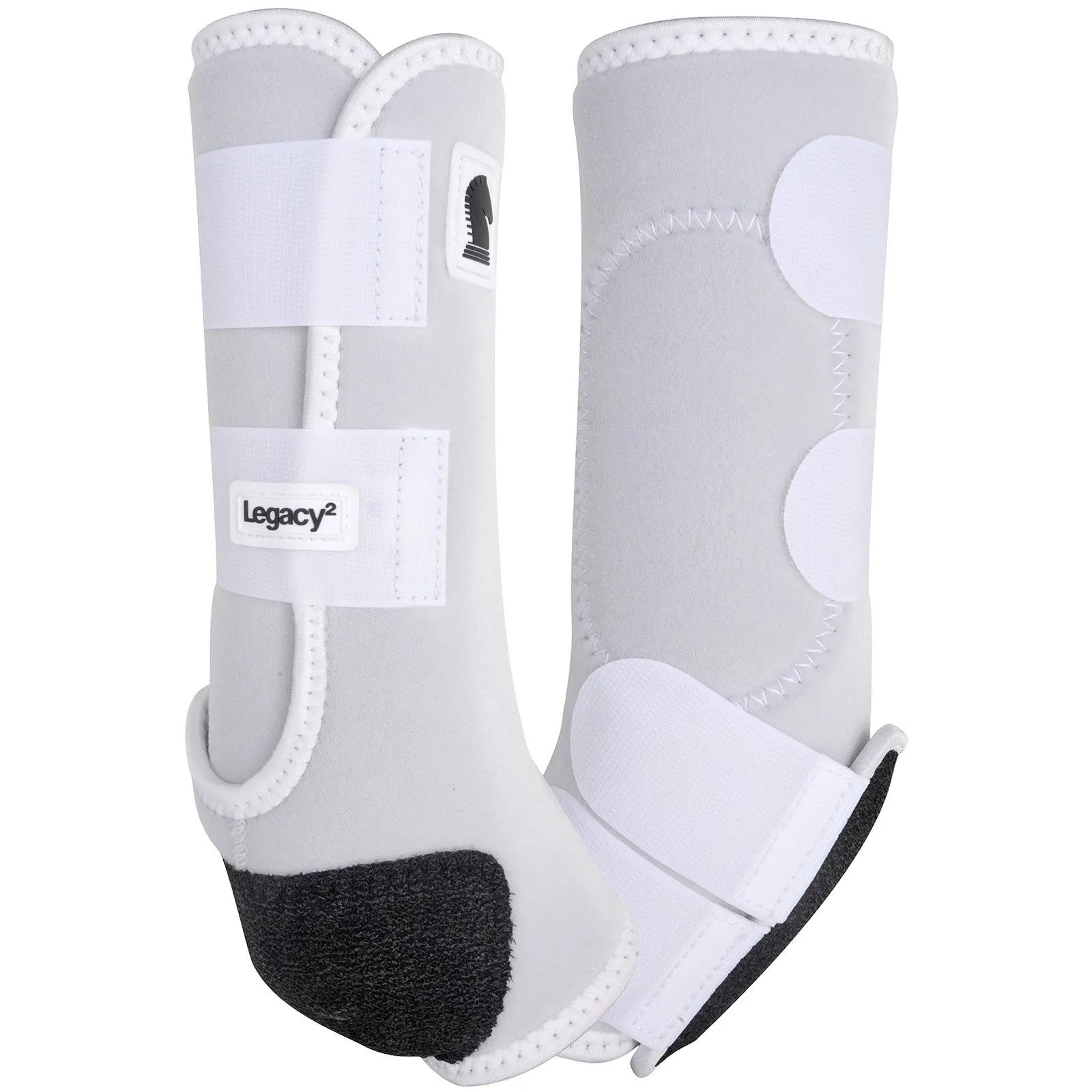 Classic Equine Legacy2 Tall Hind Protective Horse Boots in silver-gray and white. These high-performance equestrian sport boots feature shock-absorbing neoprene construction with a reinforced Cradle Fetlock System for maximum support. The tall design for hind legs includes sturdy white hook-and-loop straps and sleek Legacy² branding. Ideal for protecting your horse during jumping or western performance, offering ultimate tendon and ligament protection in a stylish look.