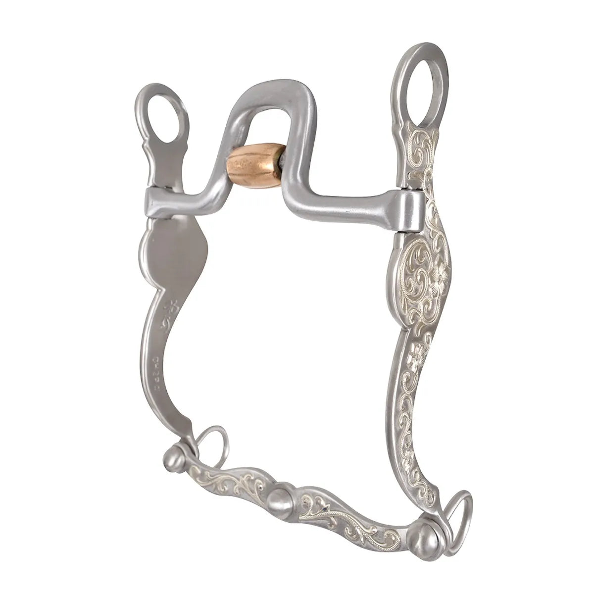 Classic Equine Les Vogt Cowhorse Bit featuring ornate silver floral engravings on curved stainless steel shanks. This performance western horse bit includes a ported mouthpiece with a central copper roller to encourage salivation and responsiveness. Designed for precision control and comfort, it's a premium choice for reining, cow work, and western show disciplines. Intricate craftsmanship meets functional leverage for the serious equestrian.