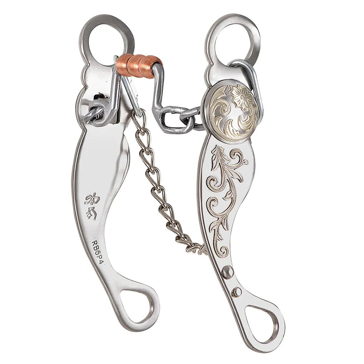 Classic Equine Les Vogt Roper Roller Bit featuring intricate floral-engraved silver shanks and a decorative concho. The mouthpiece includes a three-bead copper roller designed to enhance horse control and communication. This professional-grade Western horse bit combines elegant styling with a durable stainless steel finish, making it a top choice for roping and performance riding. Perfect for equestrians looking to upgrade their Western tack and training gear.