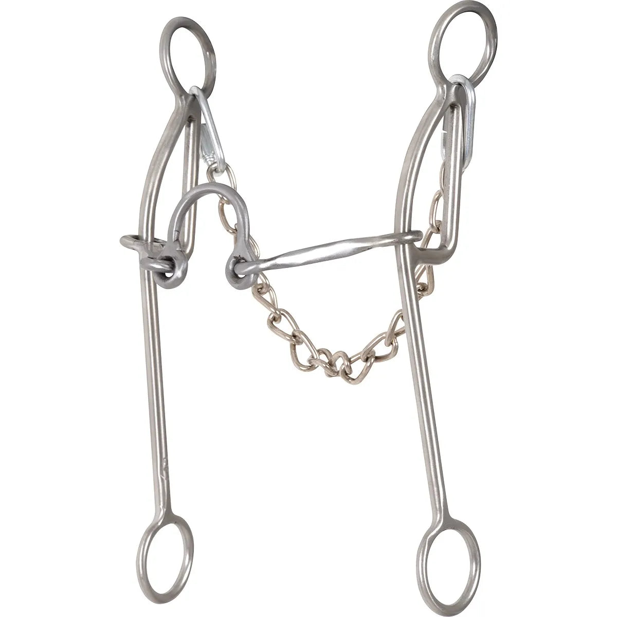 Classic Equine Les Vogt Shank Barrel Bit featuring a durable silver stainless steel finish. This high-performance western horse bit showcases an 8.5-inch long shank design and a smooth bar port for precise control and communication. Includes a curb chain for balanced leverage, making it ideal for barrel racing and advanced training. A professional-grade equestrian tool for riders seeking refined responsiveness and enhanced horse control.