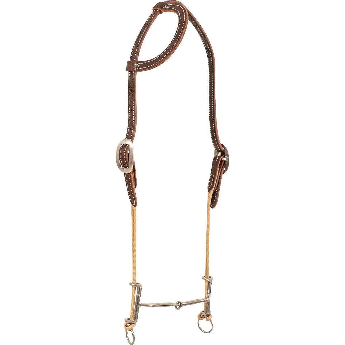 Classic Equine Loomis Draw Gag Bit and Headstall Set, a professional-grade horse training essential. This high-quality western tack features a rich brown leather headstall with contrast white stitching, silver buckles, and a single ear loop. The durable tan nylon rope draw reins connect to a stainless steel jointed gag bit, designed for refined control and responsiveness. Ideal for equestrian schooling, performance training, and improving horse collection and suppleness.