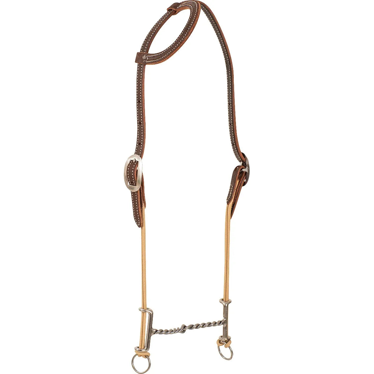 Classic Equine Loomis Gag Bit & Headstall Set for horse training and performance. This professional western tack set features a dark brown leather single ear headstall with white contrast stitching and silver hardware. The Loomis gag bit includes tan rope cheek pieces and a twisted wire mouthpiece, providing precise communication and leverage. Perfect for schooling or competition, this high-quality training bit set is essential for any western rider's tack collection.