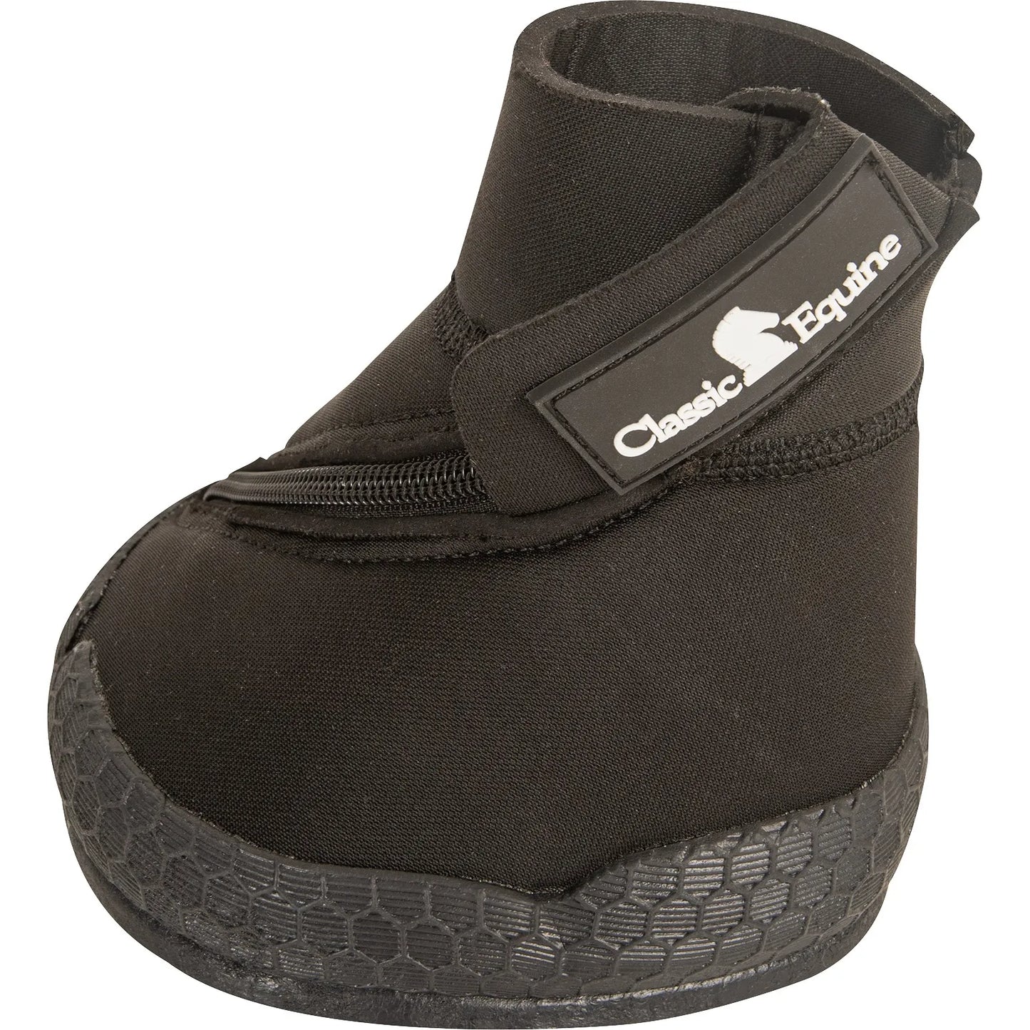 Classic Equine Medicine Hoof Boot in black, featuring a heavy-duty fabric upper, a secure front zipper, and a wide Velcro strap with the Classic Equine logo. This therapeutic horse boot is designed with a durable, textured honeycomb rubber sole for traction and protection. Ideal for equine hoof injury recovery, soaking, or keeping bandages clean and dry during treatment.