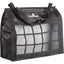 Classic Equine Moderate Feed Hay Bag in black. This top-loading slow feeder features a durable mesh grid front to reduce hay waste and encourage natural grazing habits. Equipped with adjustable nylon straps and heavy-duty buckles for easy hanging in horse stalls or trailers. Finished with the white Classic Equine logo, this equestrian gear is essential for efficient horse feeding, healthy digestion, and organized stable management.