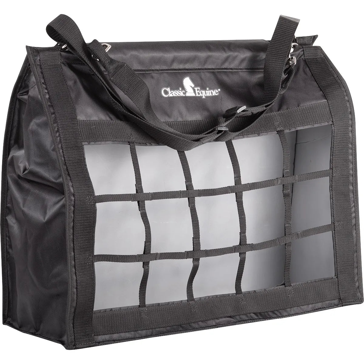 Classic Equine Moderate Feed Hay Bag in black. This top-loading slow feeder features a durable mesh grid front to reduce hay waste and encourage natural grazing habits. Equipped with adjustable nylon straps and heavy-duty buckles for easy hanging in horse stalls or trailers. Finished with the white Classic Equine logo, this equestrian gear is essential for efficient horse feeding, healthy digestion, and organized stable management.