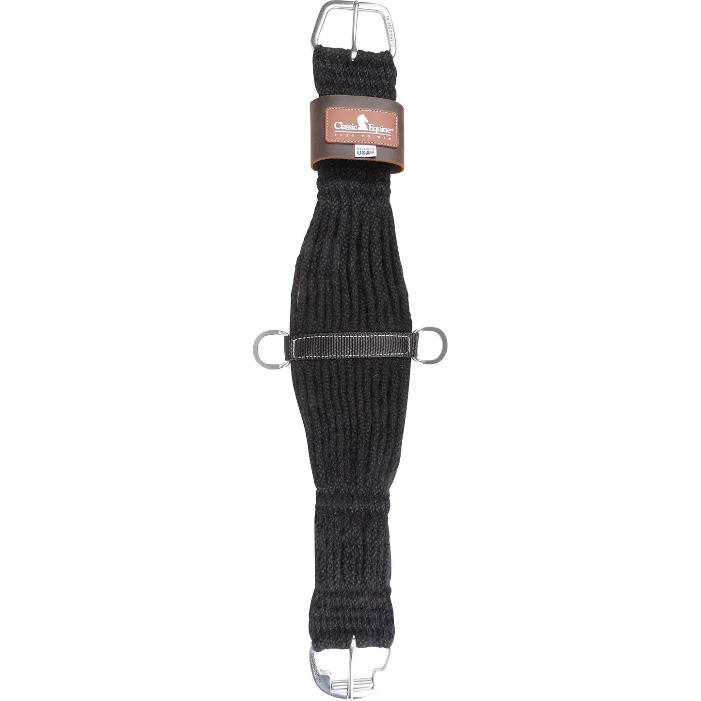Classic Equine Black Mohair Roper Cinch featuring a 27-strand 100% mohair blend for natural breathability and horse comfort. This wide Western cinch includes stainless steel roller buckles for smooth tightening, center D-rings for gear attachment, and a reinforced leather keeper with branding. Ideal for roping and performance horses, this durable cinch provides even pressure distribution and a secure fit. Hand-crafted quality, made in the USA for the serious equestrian.