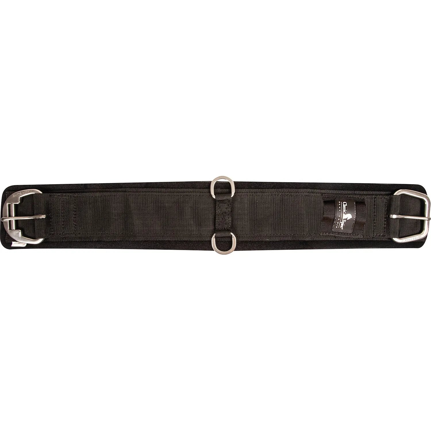 Classic Equine Black Neoprene Straight Cinch featuring durable nylon construction and stainless steel roller buckles. Designed for maximum horse comfort and security, this cinch includes a soft, non-slip neoprene backing and dual center D-rings for easy breast collar attachment. A premium Western equestrian tack essential for a secure saddle fit and long-lasting performance, ideal for trail riding or competition.