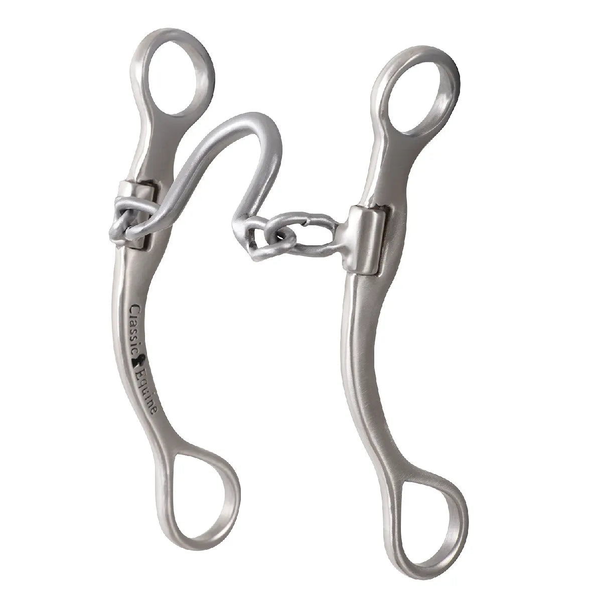 Classic Equine Performance Ported Chain Bit in brushed stainless steel. This professional horse training bit features a ported chain mouthpiece designed for tongue relief and curved swivel shanks for refined communication and control. Ideal for western performance riders seeking high-quality equestrian gear for advanced training and competition.