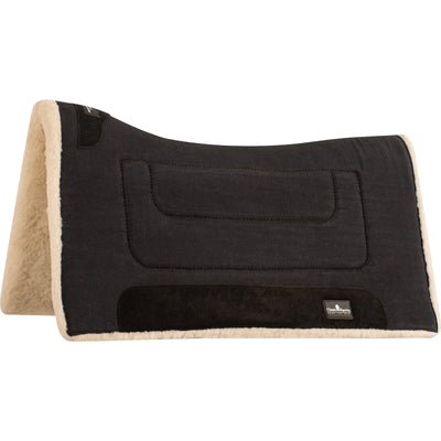 Classic Equine Performance Trainer Western Pad in black, featuring a contoured design and shock-absorbent construction for horse comfort. This high-quality saddle pad shows a soft cream-colored fleece lining and durable black suede wear leathers. Perfect for training or everyday riding, it provides superior back protection and pressure relief. A must-have piece of horse tack for equestrian performance and style.