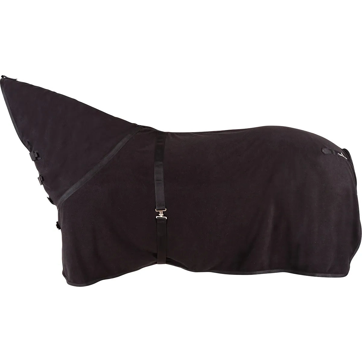 Classic Equine Polar Fleece Cooler Premium in black with full neck coverage. This moisture-wicking horse cooler is perfect for drying horses after exercise or keeping them clean at shows. Made from high-quality, breathable polar fleece, it features an adjustable belly surcingle and secure front buckle closures. A must-have piece of professional equestrian gear for post-workout cooling and cold-weather layering.