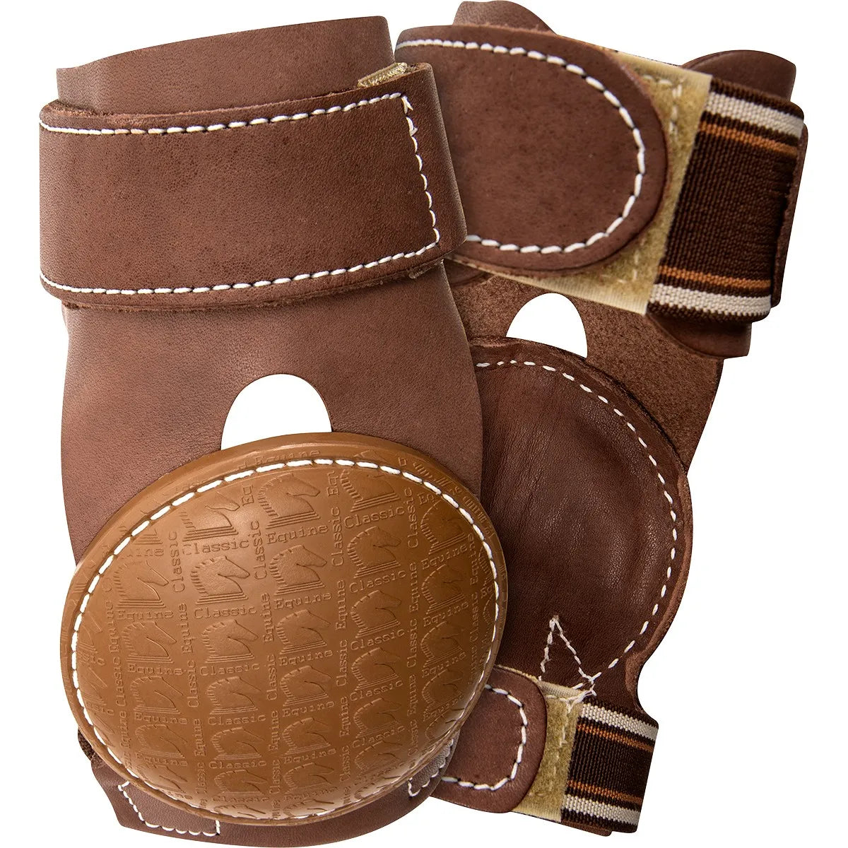 Classic Equine Pro Reiner Skid Boots in rich brown leather with white contrast stitching. Features a heavy-duty, circular tan skid cup embossed with a repetitive horse head logo for maximum durability during sliding stops. Designed with adjustable hook-and-loop straps and striped elastic bands to ensure a secure, comfortable fit on the horse's fetlocks. High-performance protective gear essential for reining, western performance, and arena work.