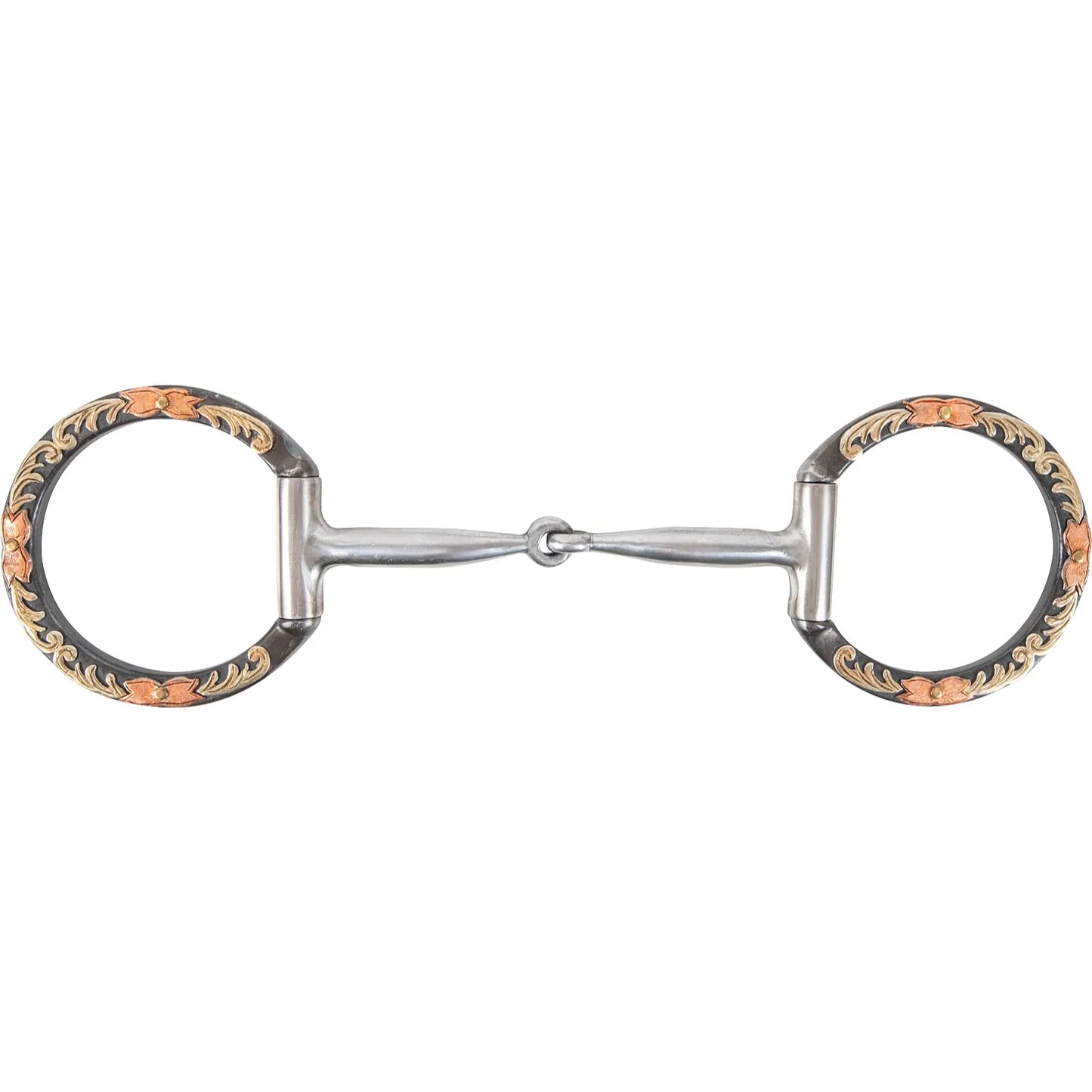 Classic Equine Professional Series Snaffle D Ring Bit with a 5-inch jointed mouthpiece. The ornate black iron D-rings feature beautiful hand-engraved copper and silver floral scrollwork. Designed for precision and enhanced communication, this high-quality Western horse bit combines durability with show-ring elegance. Ideal for riders seeking functional horse tack with a decorative, professional finish.
