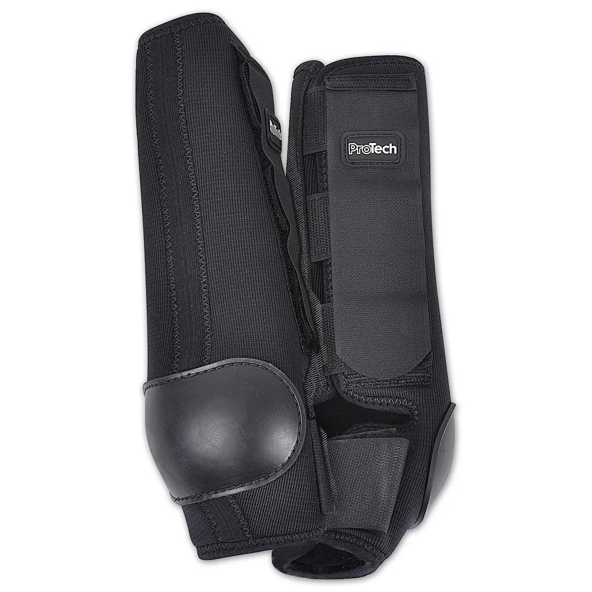 Black Classic Equine ProTech Splint Pad and Tendon Guard Horse Boots featuring a shock-absorbing hard shell splint pad and reinforced tendon protection. These professional-grade equine leg boots offer a secure, adjustable fit with durable hook-and-loop straps, providing maximum impact protection for horses during training or performance. Essential high-performance equestrian gear for protecting horse legs.