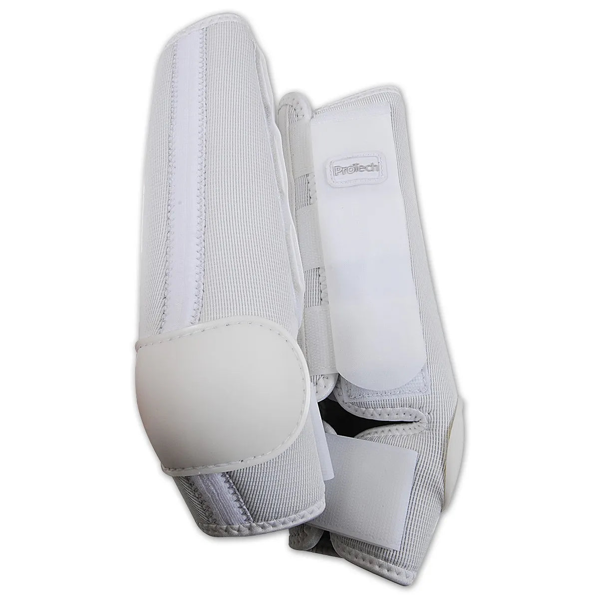 Classic Equine ProTech Splint Pad and Tendon Guard Horse Boots in white. These high-performance horse boots feature impact-resistant splint pads and shock-absorbing tendon guards for superior leg protection. Crafted with breathable, ribbed fabric and secure Velcro closures, they offer a comfortable, nonslip fit for training or competition. Ideal for equestrian athletes looking for durable, professional-grade equine protective gear with a clean, classic aesthetic.