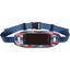 Classic Equine Pueblo Phone Pack with a vibrant Southwestern geometric print in red, blue, and earth tones. This hands-free smartphone holder for riding and chores features a clear touchscreen-compatible window and signature white horse head logos. The pouch is attached to a durable, adjustable blue nylon waist strap with a secure black buckle. A stylish and practical equestrian accessory for keeping your phone secure and accessible while in the saddle.