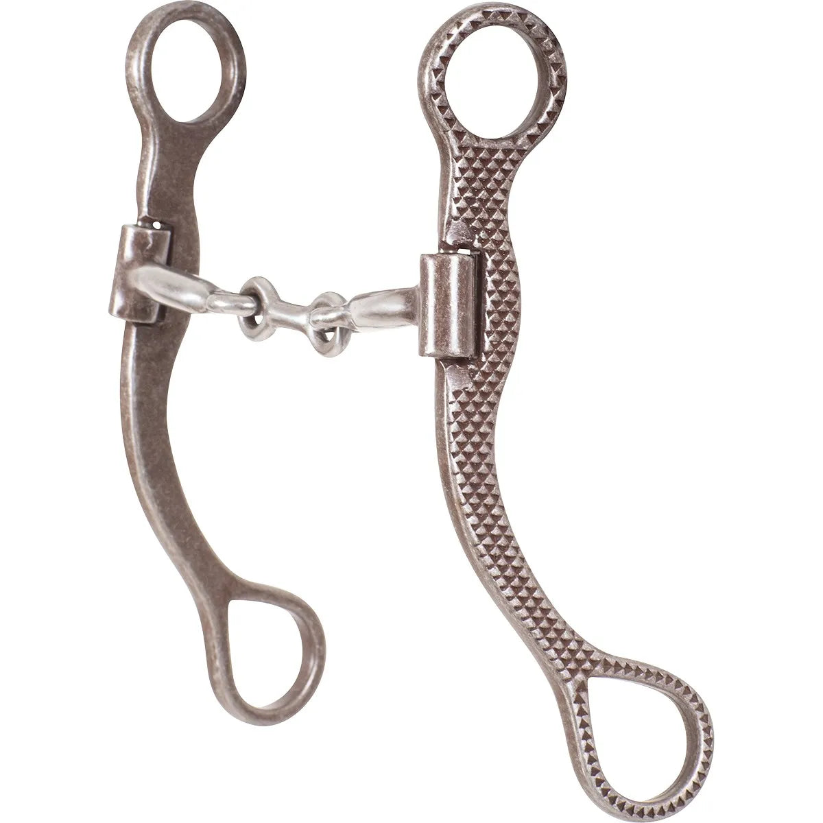 Classic Equine Rasp Bit featuring antique-finish metal shanks with a unique diamond-pattern rasp texture. This western curb bit includes a three-piece jointed mouthpiece to enhance horse communication and control. Designed with long, curved shanks for effective leverage and a stylish equestrian look. High-quality horse tack perfect for training, performance, or trail riding, offering durability and precision for western riders.