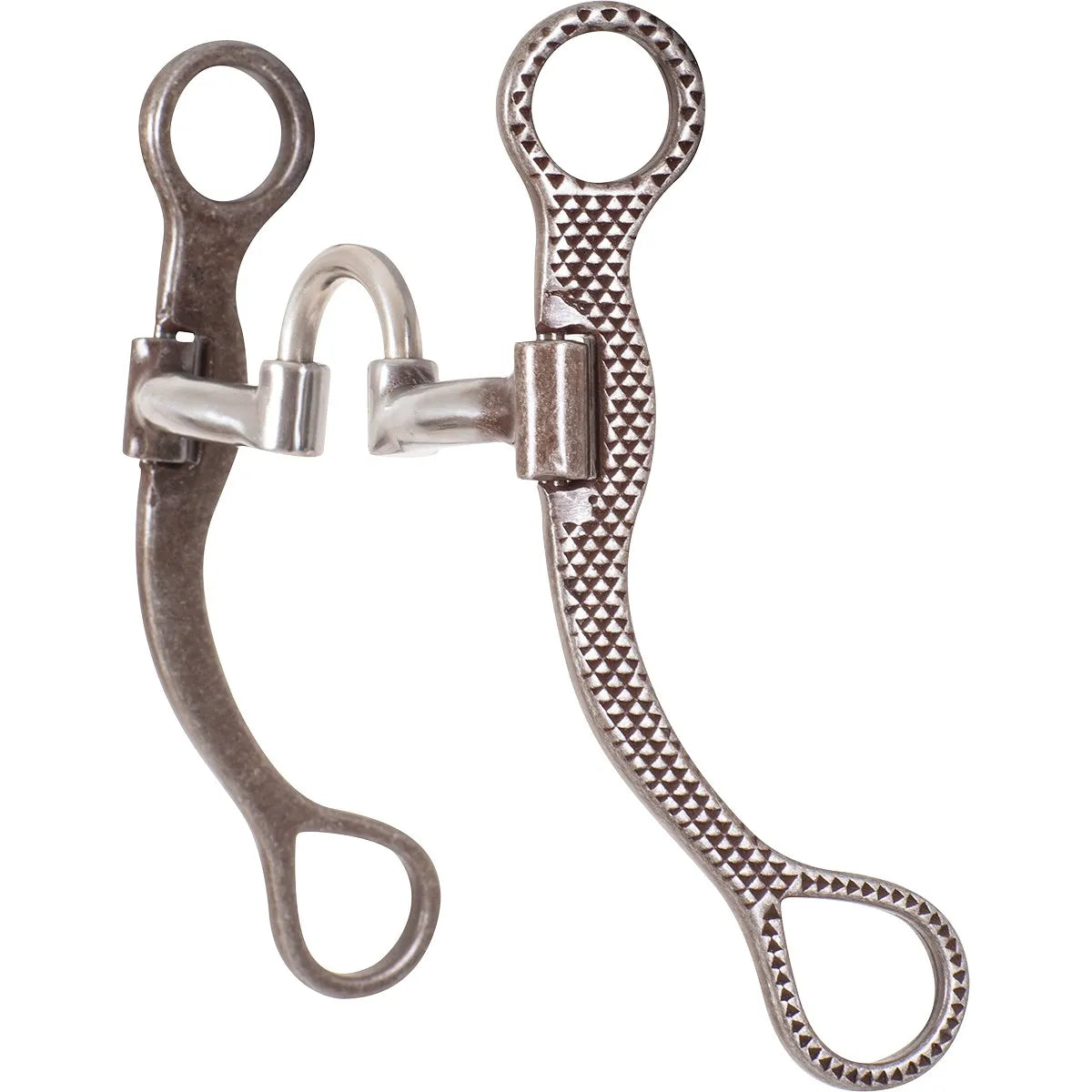 Classic Equine Rasp Performance Series Correction Bit, a silver western curb bit with a multi-jointed high port and uniquely textured rasp shanks. This professional-grade equestrian tack offers enhanced comfort and control for performance horses. Features teardrop rein loops and round cheek rings for refined communication. A stylish and durable leverage bit perfect for western riders and training.