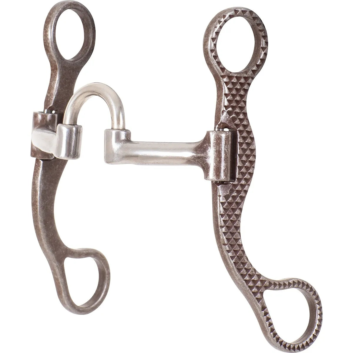 Classic Equine Rasp Performance Series Straight Shank Bit featuring an antique finish with a unique rasp texture on the cheeks. This western horse bit includes a 5 1/8" stainless steel mouthpiece with a U-shaped port for tongue relief and swivel shanks for independent action. Ideal for performance horses needing gentle control and improved collection, this high-quality tackle is a stylish choice for barrel racing, roping, or western training.