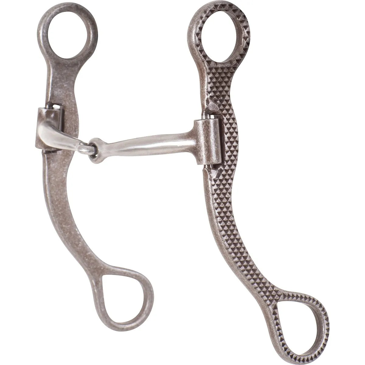 Classic Equine Rasp Performance Series Western bit featuring 7-inch shanks and a 5 1/8" smooth bar jointed mouthpiece. This durable horse bit showcases a unique rasp-textured finish on the shanks for a rugged, high-performance look. Designed with teardrop-shaped rein loops and round purchase rings, it’s a perfect choice for Western riders seeking precise communication and classic style in their tack collection.