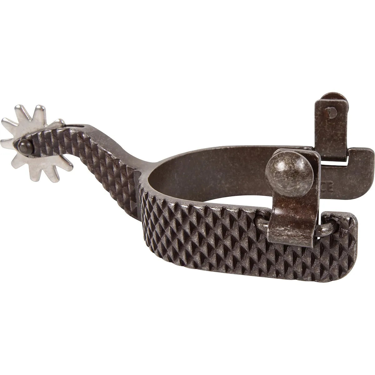 Classic Equine Rasp Reiner Spurs featuring a traditional Western style with a rugged diamond-textured rasp pattern on the heel band and curved shank. These dark, antique-finished metal spurs include a 10-point star-shaped rowel and swivel buttons for easy attachment of leather straps. Perfect for Reining and Western riding, these high-quality equestrian spurs offer a timeless, professional look for horse riders and Western enthusiasts.