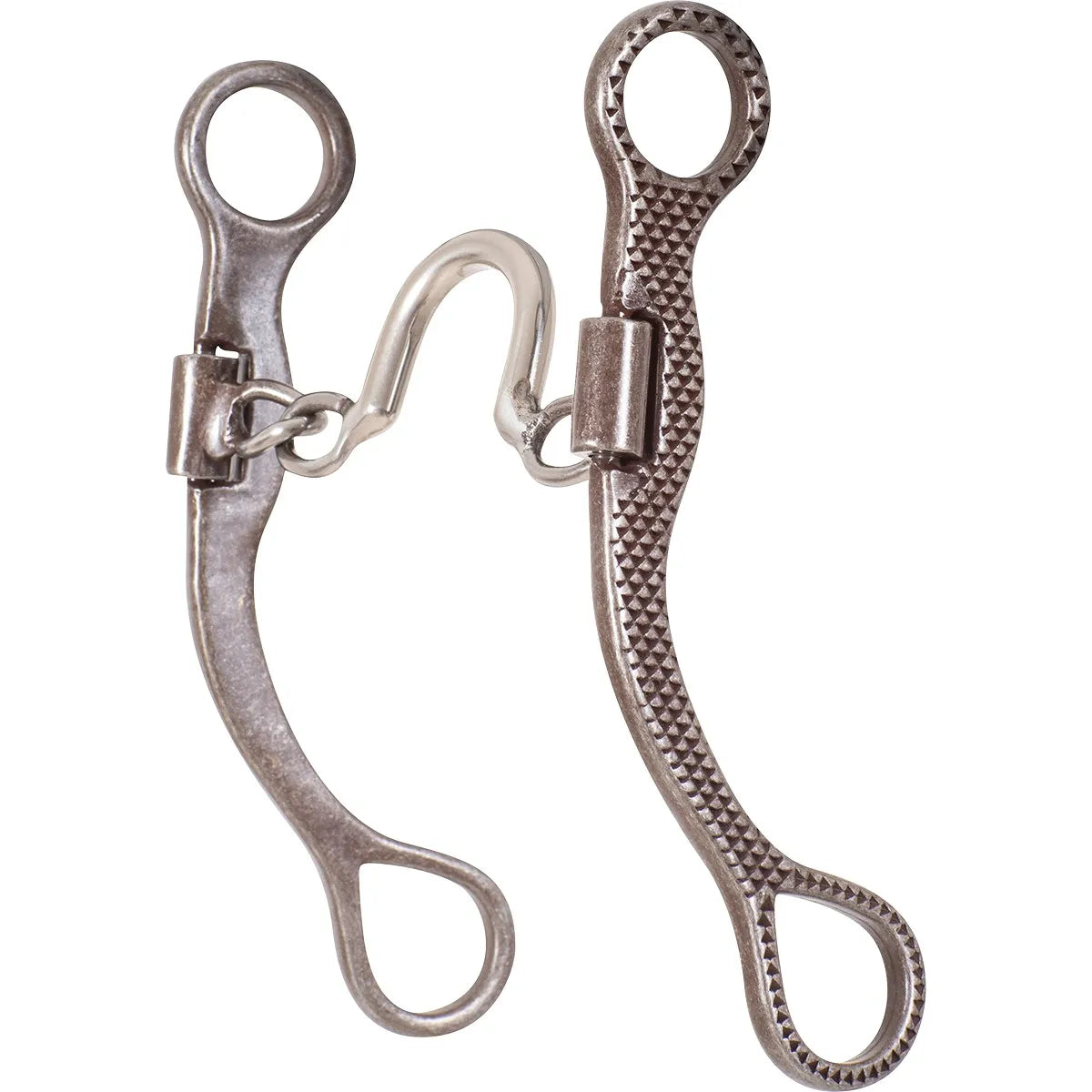 Classic Equine Rasp Shank Bit featuring an antique steel finish with a unique textured diamond rasp pattern on the shanks. This western horse bit includes a high port mouthpiece and swivel shanks for precise communication and comfort. Durable and stylish curb bit designed for performance horses and western tack enthusiasts looking for high-quality equine equipment.