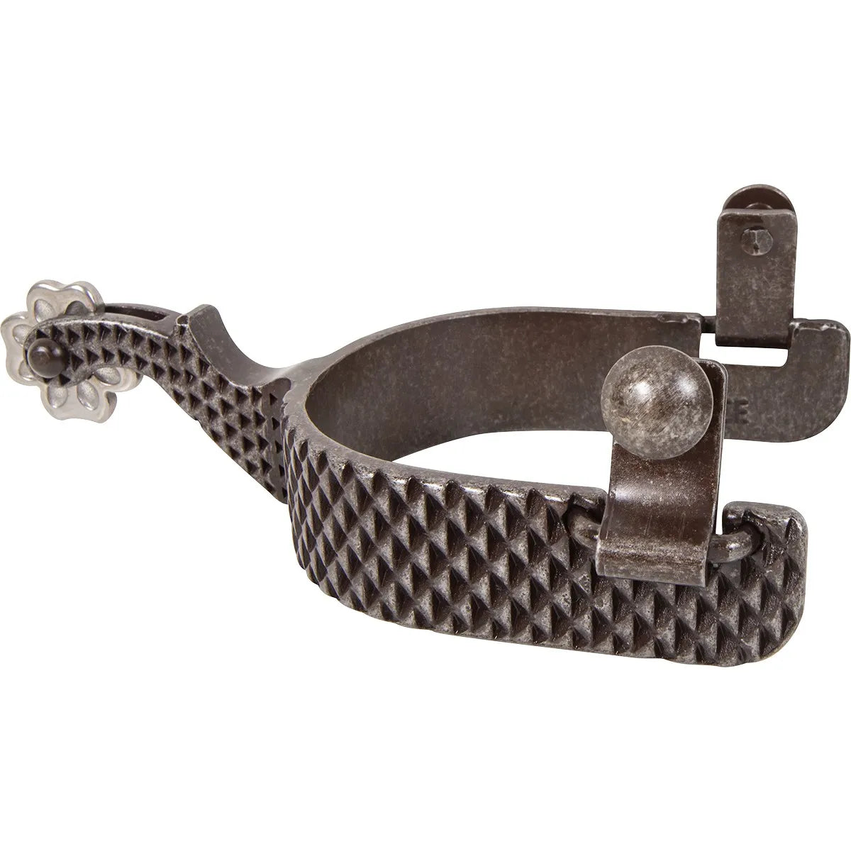 Classic Equine Rasp Spurs featuring a 1-inch band with a rugged diamond rasp texture and a dark antiqued finish. These roper style spurs include a decorative silver-toned flower rowel and sturdy swinging buttons for secure strap attachment. Ideal for western performance, ranch work, or adding a classic cowboy aesthetic to your riding gear. Durable and stylish equestrian equipment for serious riders.