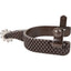 Classic Equine Reiner Rasp Detail Weighted Spurs featuring a 1-inch band with a textured rasp pattern and an antique brown finish. These professional western spurs include a mild 10-point rowel and swinging buttons for secure strap attachment. Ideal for reining and performance horse training, these durable, weighted spurs offer a vintage aesthetic for the serious rider looking for precision and style in the arena.