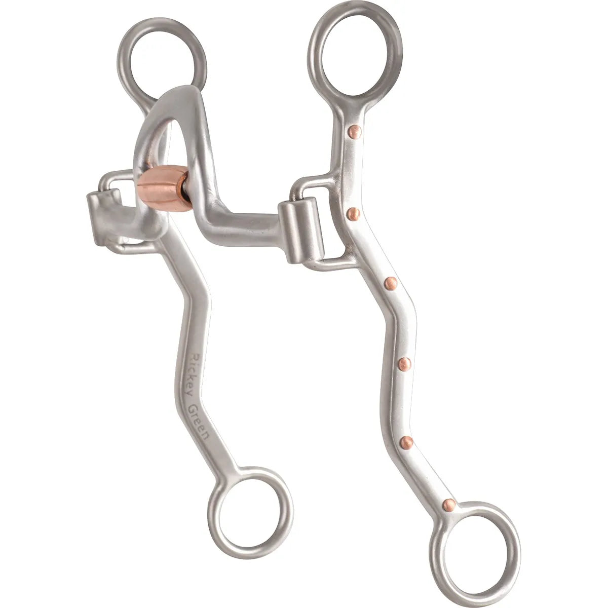 Classic Equine Rickey Green Port Setter Bit featuring a silver stainless steel finish with decorative copper dot accents. This professional Western horse bit includes a ported mouthpiece with a copper roller to encourage salivation and responsiveness. Designed with signature Rickey Green swivel shanks for improved communication and performance. Ideal for training, roping, or barrel racing, this durable equestrian tack enhances control and horse comfort.