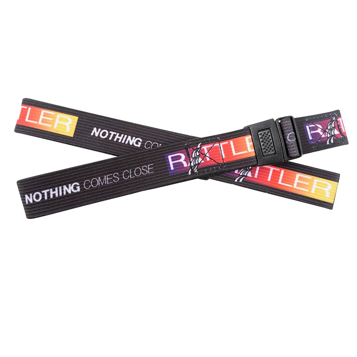 Classic Equine Rope Strap Rattler featuring a durable black elastic band with a vibrant purple, orange, and yellow gradient "Rattler" logo and "Nothing Comes Close" slogan. This secure rope management tool includes a quick-release black plastic buckle, perfect for organizing lariats and ranch gear. An essential accessory for ropers and equestrians, these professional-grade straps provide easy rope storage and trailer organization for rodeo kits.
