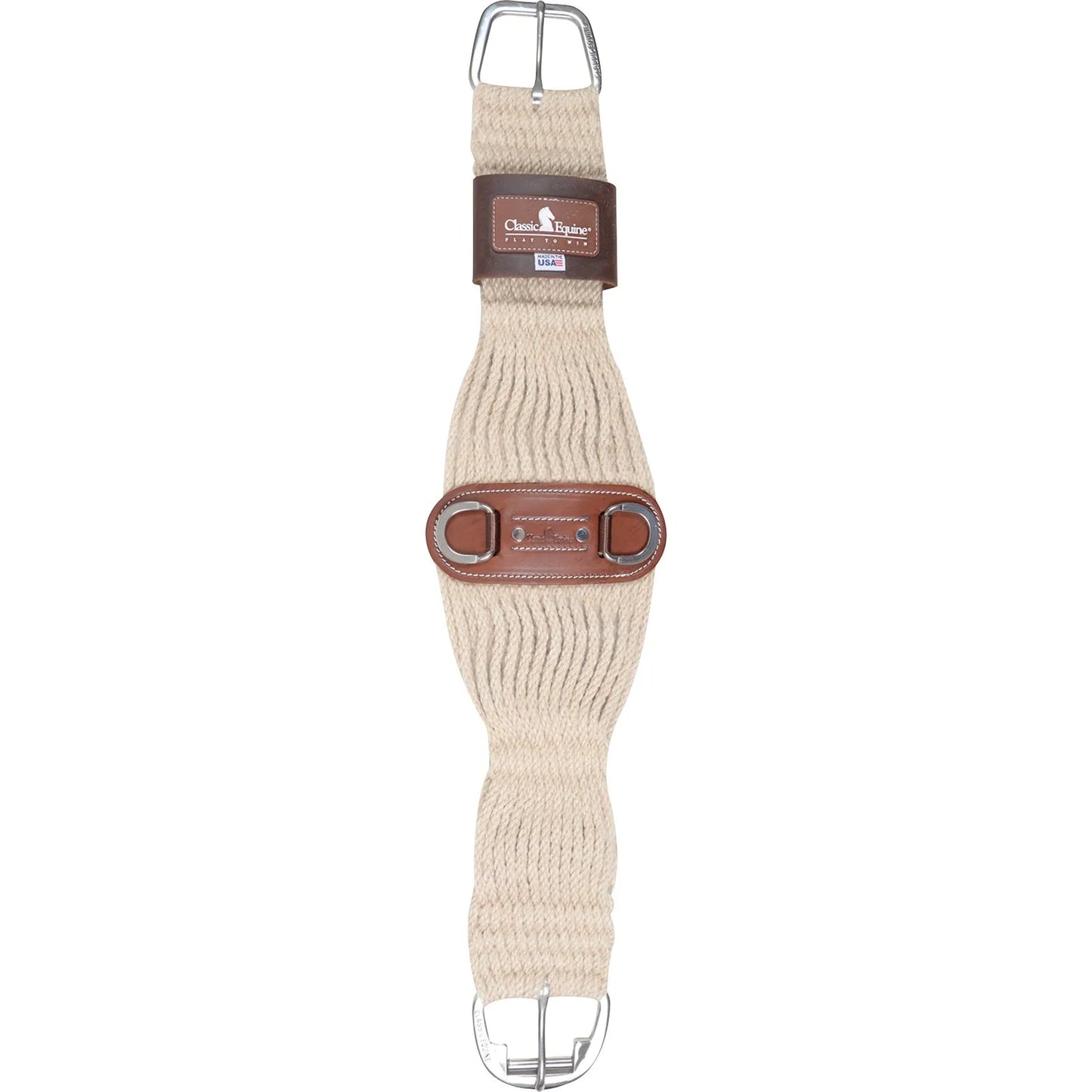 Classic Equine Roper Cinch in natural cord with dark brown leather reinforcements. This premium western horse cinch features a wide center design for optimal pressure distribution and comfort. Equipped with heavy-duty stainless steel buckles and center D-rings for easy accessory attachment. A durable, high-performance mohair-blend cinch made in the USA, perfect for roping, ranching, and western riding enthusiasts seeking quality and style.