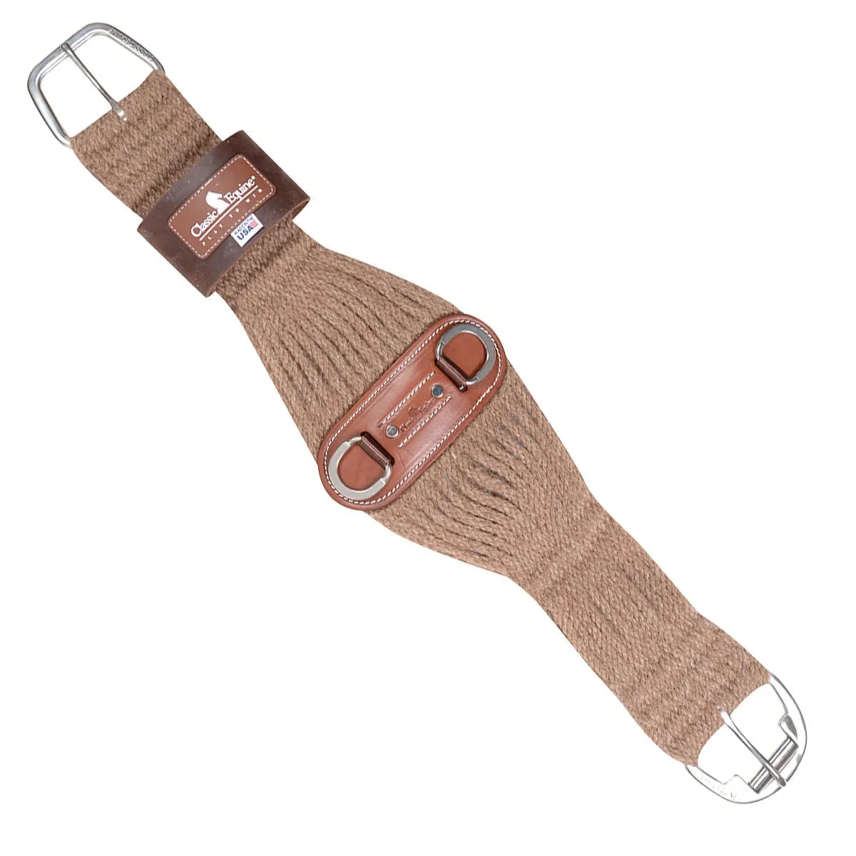 Classic Equine Roper Cinch in natural tan woven mohair, featuring a wide pressure-distributing design for maximum horse comfort. This premium Western cinch includes stainless steel roller buckles, a reinforced leather center with dual D-rings, and a Made in the USA tag. Durable and breathable equestrian gear perfect for roping, ranch work, and performance horses. High-quality horse tack designed for stability and professional use.