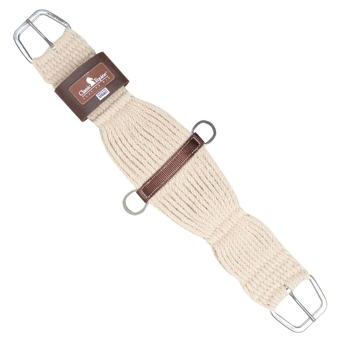 Classic Equine Roper Cinch in cream woven cord, featuring a wide center design for enhanced horse comfort and even pressure distribution. This premium western cinch includes durable stainless steel roller buckles, a brown leather logo reinforcement, and center D-rings with a nylon strap. High-quality, breathable equestrian gear perfect for roping or trail riding, ensuring a secure and stable saddle fit. Made in the USA for maximum durability and performance.