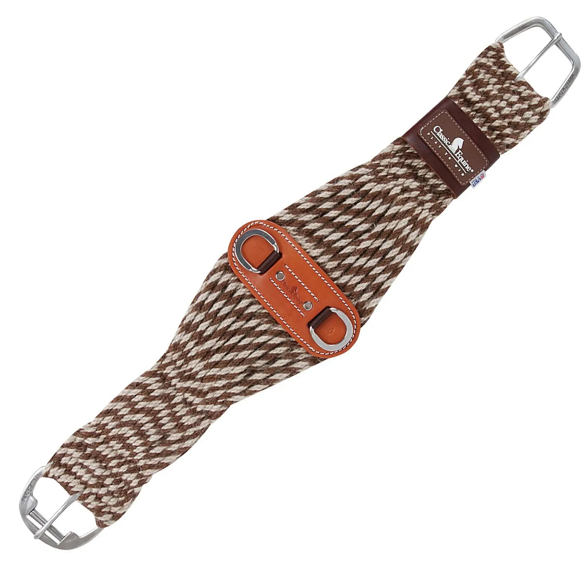 Classic Equine Roper Cinch in a brown and cream diamond-patterned mohair blend. This premium western cinch features an extra-wide center for superior pressure distribution and comfort. Equipped with heavy-duty stainless steel roller buckles and a reinforced leather center with D-rings for easy tack attachment. Durable, breathable, and designed for maximum stability during roping or performance riding. A high-quality horse girth for riders seeking comfort and durability.