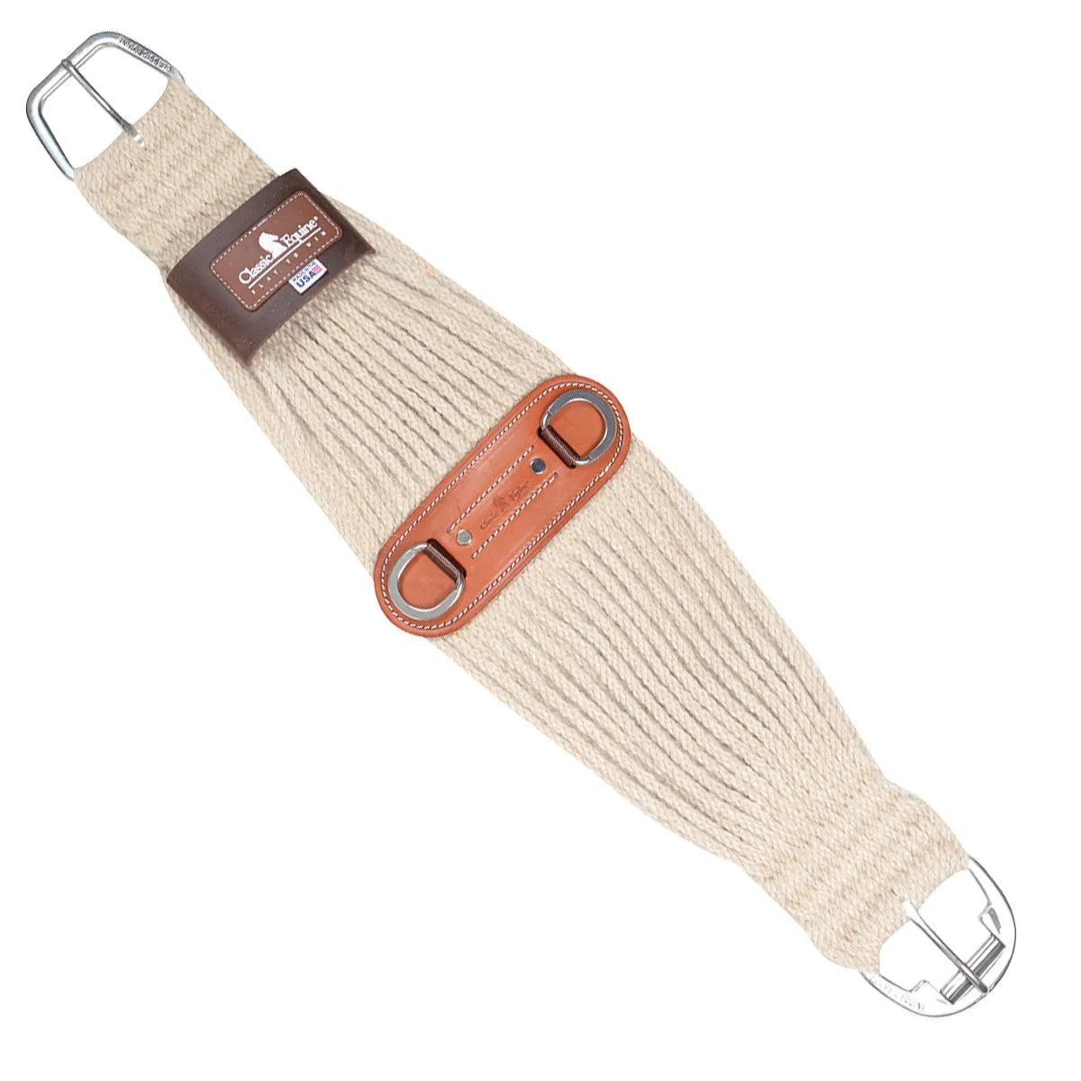 Classic Equine Roper Cinch featuring natural cream premium mohair cord for breathable horse comfort and ultimate stability. This wide western cinch includes heavy-duty stainless steel roller buckles and a reinforced cognac leather center with stainless steel D-rings for easy attachments. Perfect for roping, ranch work, or trail riding, this high-quality horse cinch prevents galling and slipping. Made in the USA with a classic dark brown leather brand patch.