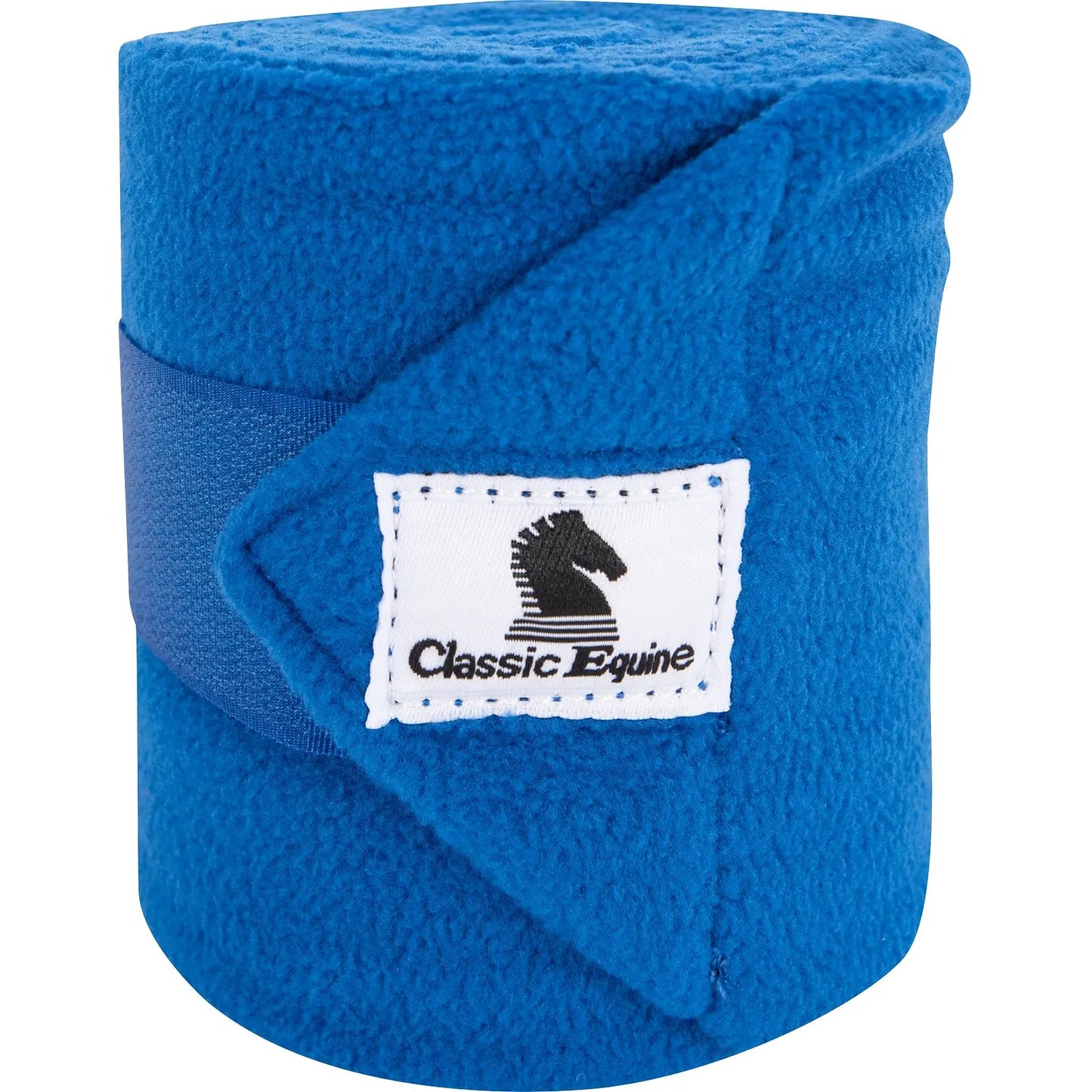 Classic Equine Royal Blue Polo Wraps made from soft, high-quality fleece for ultimate horse leg protection and support. These professional equestrian leg bandages feature a secure hook-and-loop closure and a stylish white logo patch. Ideal for exercise, training, and protecting your horse's tendons and ligaments while adding a vibrant pop of blue to your tack collection.